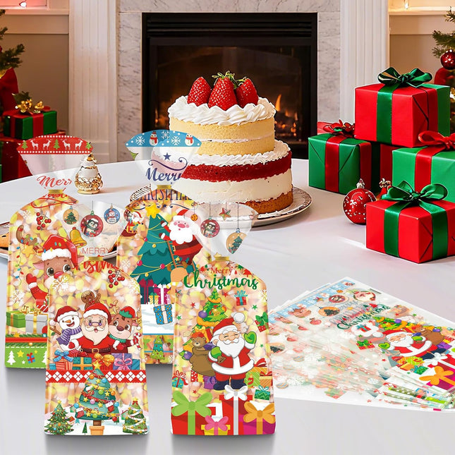 100PCS Clear Christmas Goody Bags Santa Claus Candy Snack Bags 4 Styles