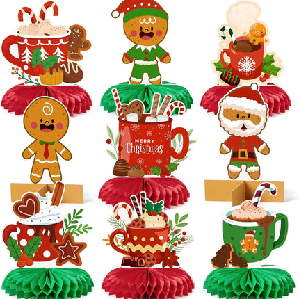 9pcs Hot Cocoa Christmas Centerpieces – Gingerbread & Marshmallow 3D Table Toppers