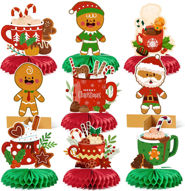 9pcs Hot Cocoa Christmas Centerpieces – Gingerbread & Marshmallow 3D Table Toppers
