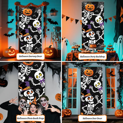 79x35in Halloween Skeleton Door Cover, Spooky Sign Banner for Haunted House Decor