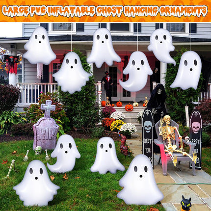 12-Piece 13.78in Inflatable Hanging Ghosts, Cute Halloween Porch & Yard Decorations
