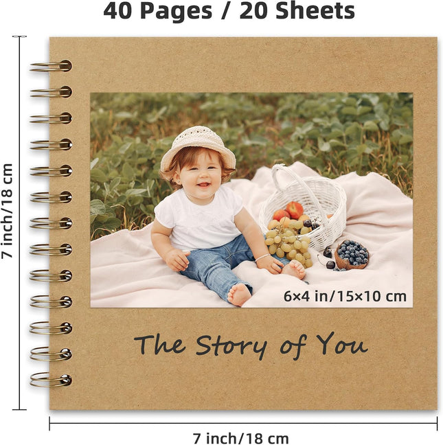 7x7 Inch Scrapbook Album, 40 Pages Acid-Free Kraft Paper Memory Book with Spiral Binding