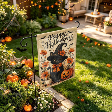 Happy Halloween Witch Black Cat Garden Flag 12x18in, Double-Sided Pumpkin Yard Decor