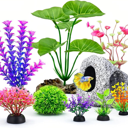 9PCS Aquarium Decorations, Betta Fish Tank Plants, Rock Cave Hideout & Fish Decor Set
