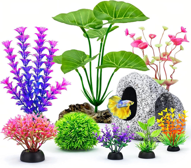 9PCS Aquarium Decorations, Betta Fish Tank Plants, Rock Cave Hideout & Fish Decor Set