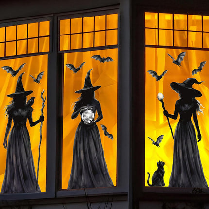 3-Sheet Halloween Witch Window Clings, Double-Sided Black Cat Bat Gothic Decals