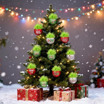 24-Piece Green Furry Christmas Ball Ornaments Red & Lime Green Glitter Hanging Decor