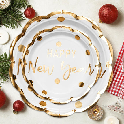 Happy New Year 25-Pc Paper Plates – White & Gold Foil Disposable Tableware