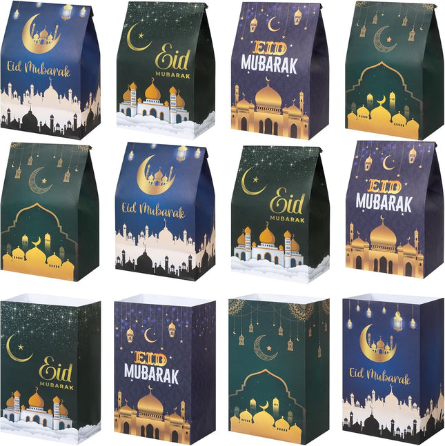 24PCS Eid Mubarak Treat Bags with Stickers 4 Patterns Ramadan Party Favors