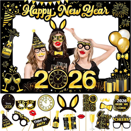 18-Pc 2026 NYE Photo Booth Props with Giant Happy New Year Selfie Frame