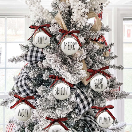 12 Shatterproof White Ornaments with Buffalo Plaid Bows – Farmhouse Xmas Tree Decor