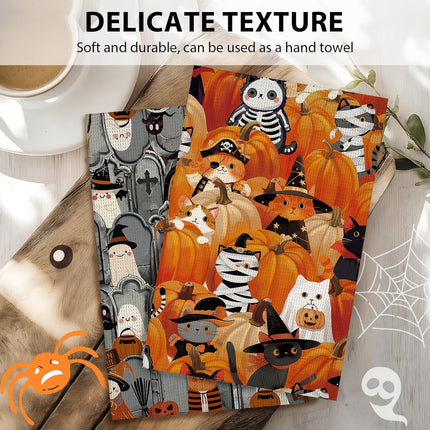 Cat Lover Kitchen Towels 2-Pack, Pumpkin Waffle Towels for Christmas & Fall