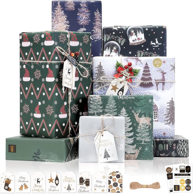 Christmas Wrapping Paper Set – 8 Sheets Pine Snowflake Gift Wraps 27.6x19.7"