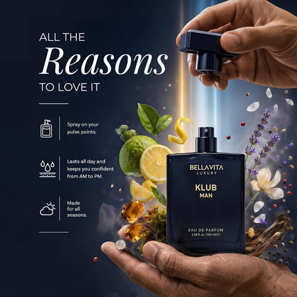 BellaVita Luxury KLUB Eau de Parfum for Men 100ml Intense Citrus Musk Cologne