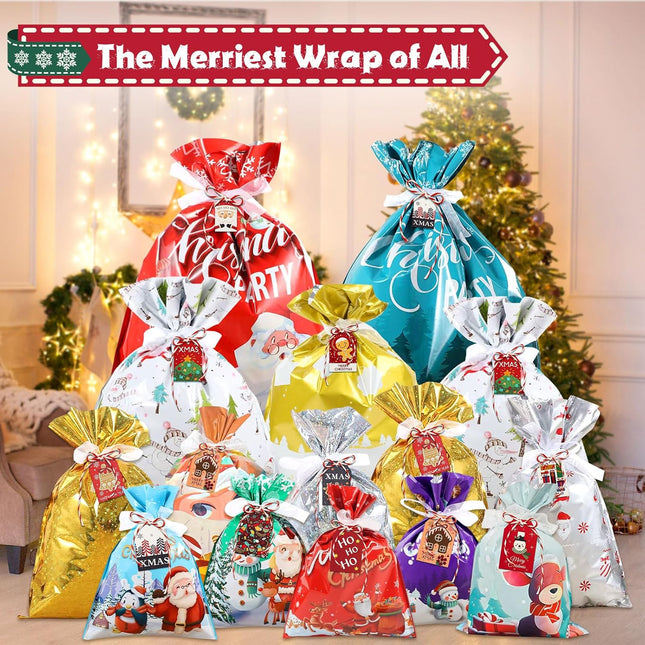 15PCS Christmas Gift Bags – Assorted Sizes with 13 Designs & 15 Tags