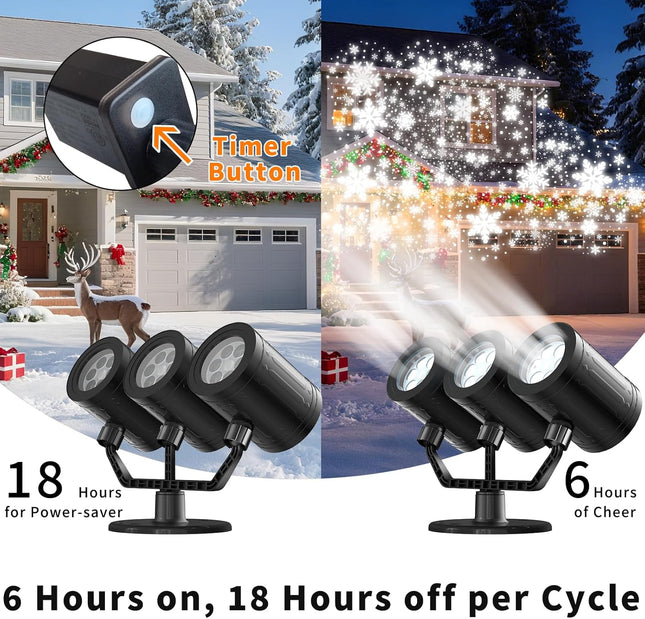 Snowflake Christmas Projector Lights – Triple Head, Timer, Waterproof LED