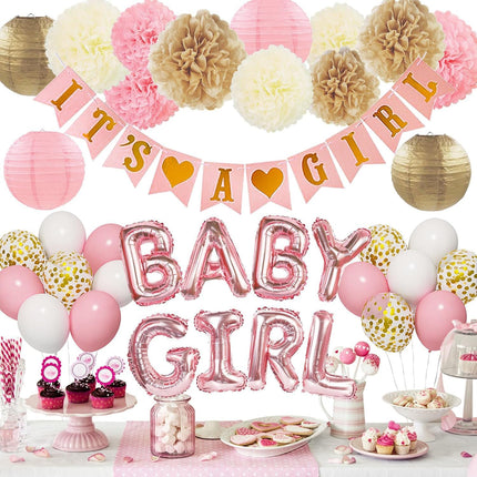 Baby Girl Shower Decorations with Pink Banner Balloons Paper Pom Poms Set