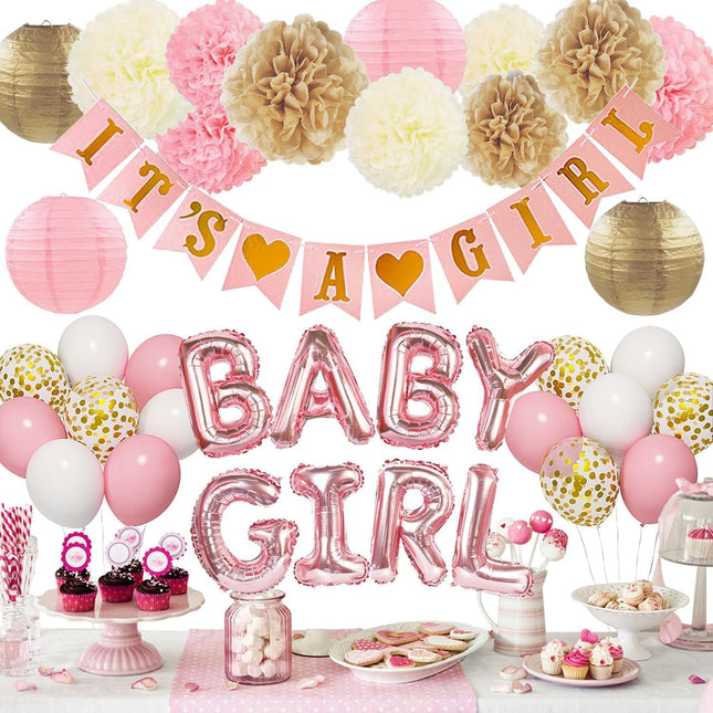 Baby Girl Shower Decorations with Pink Banner Balloons Paper Pom Poms Set