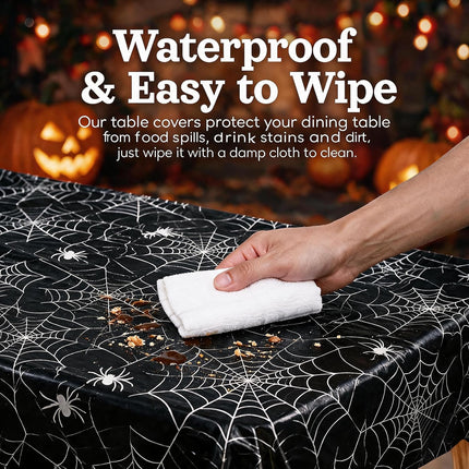 4-Pack 54x108in Black Spider Web Halloween Tablecloths, Disposable Table Covers