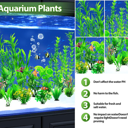 12PCS Aquarium Decorations, Green Plastic Plants, Fish Tank Decor & Aquatic Accessories