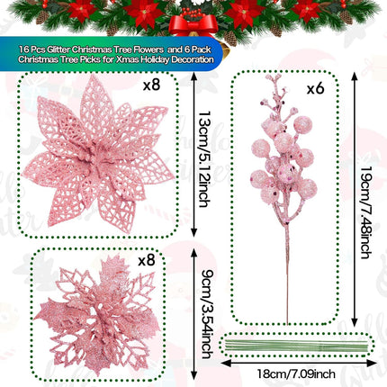 22-Piece Christmas Flower Kit – Artificial Poinsettias & Glitter Berries with Tree Ornaments
