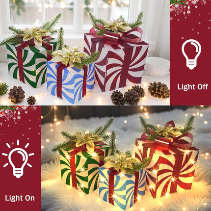 3 Christmas Lighted Gift Boxes 60 LED Lights with Red Bow Holiday Decor & Gift Wrapping
