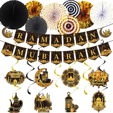 18PCS Eid Mubarak Decorations Kit: Banners, Paper Fans, Swirls & Islamic Themes