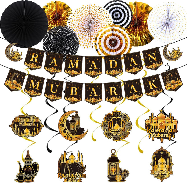 18PCS Eid Mubarak Decorations Kit: Banners, Paper Fans, Swirls & Islamic Themes