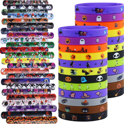 48-Piece Halloween Slap Bracelets, Rubber Wristbands, Party Favors & Treat Bag Fillers