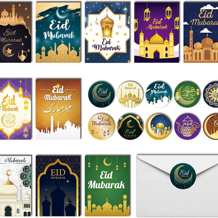 20PCS Eid Mubarak Greeting Cards with Envelopes & Stickers Ramadan Cards