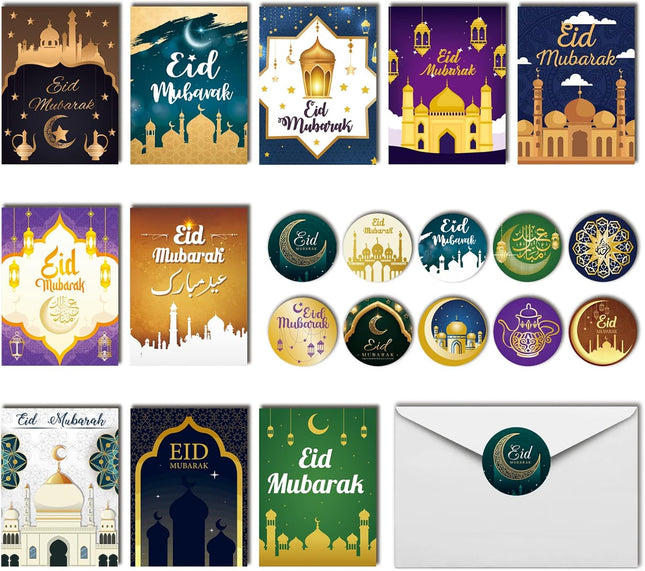 20PCS Eid Mubarak Greeting Cards with Envelopes & Stickers Ramadan Cards