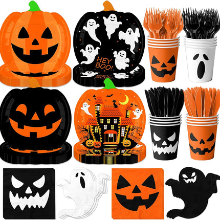 Halloween Party Tableware Set, Pumpkin Ghost Paper Plates, Cups & Napkins