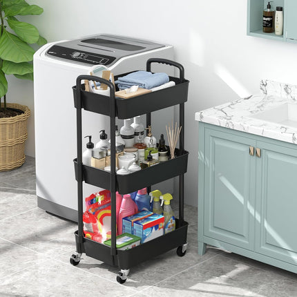 3-Tier Rolling Utility Cart with Wheels, Black Plastic Storage Trolley with Lockable Casters