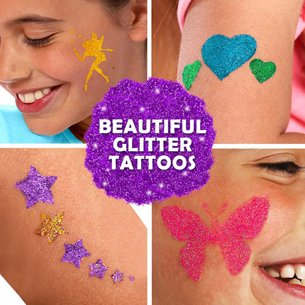 33-Piece Glitter Tattoo Kit – Multicolor, 24 Stencils, 6 Colors, Brushes for Kids