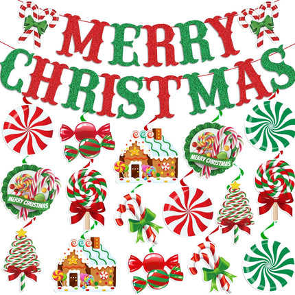 Merry Christmas Candy Banner Set Peppermint Decorations with Hanging Swirls