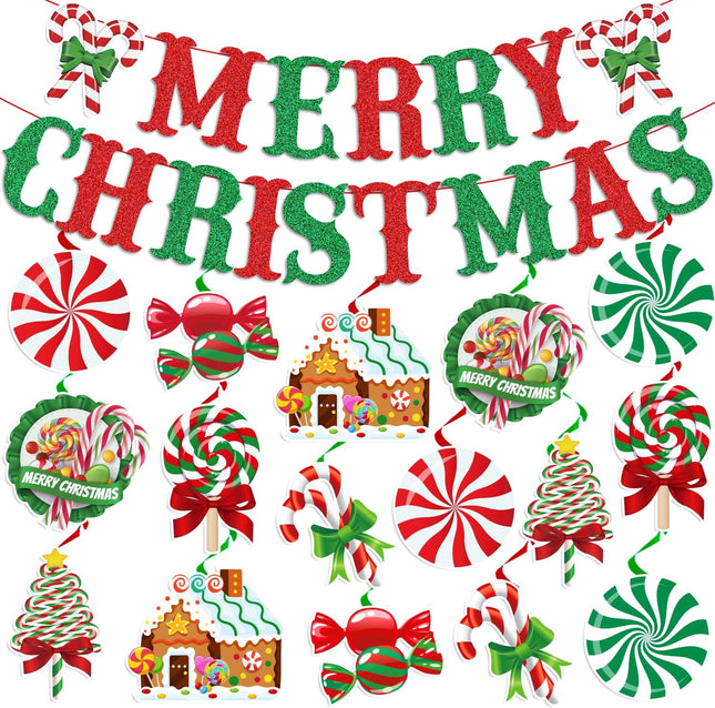 Merry Christmas Candy Banner Set Peppermint Decorations with Hanging Swirls