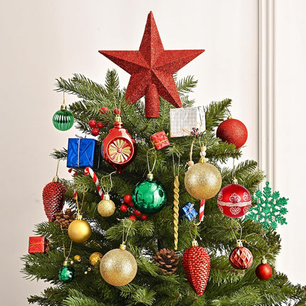 100PCS Gold, Red & Green Christmas Balls with Tree Topper – Shatterproof