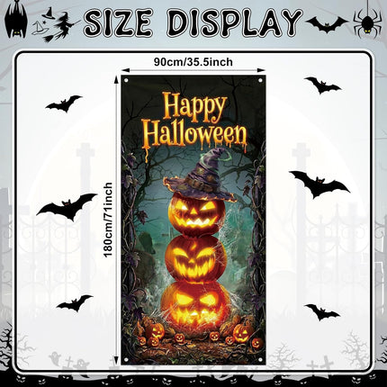 71x35in Happy Halloween Pumpkin Stack Door Cover, Glowing Jack-O-Lantern Decor