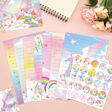 160PCS Letter Writing Set – 50 Papers, 50 Envelopes, 60 Stickers, Rainbow Unicorn
