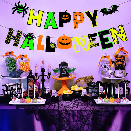 Glow-in-the-Dark Halloween Garland, Happy Halloween Banner with Bat & Spider Web