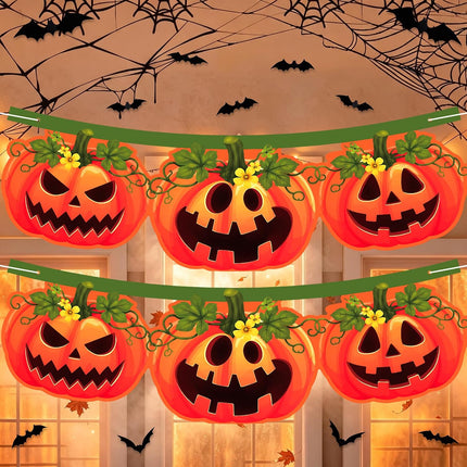 Halloween Pumpkin Banner Set, Spider Web Mantel Scarf, 16 Bat Decals & Garland