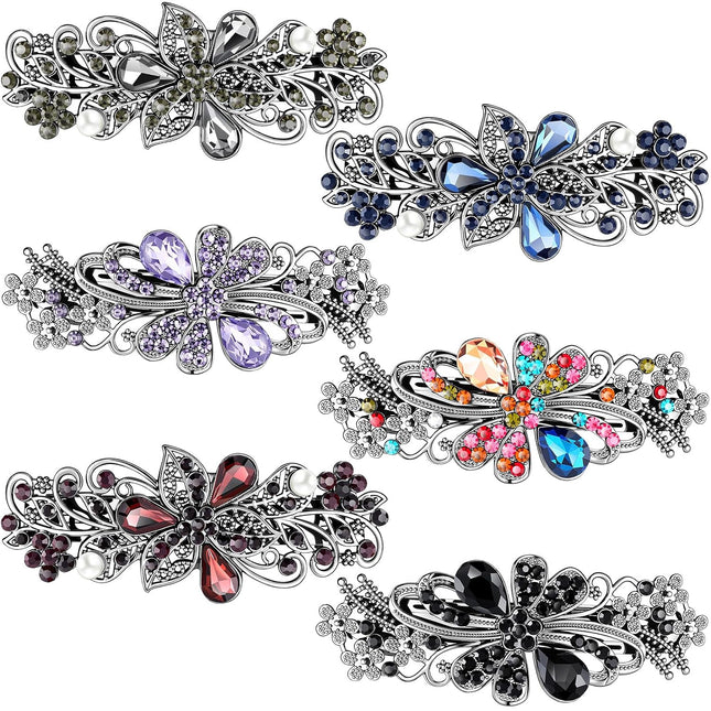 6PCS Vintage Metal Hair Barrettes for Women, Rose Flower Rhinestone French Hair Pins for Updos & Buns