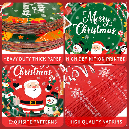 75PCS Christmas Plates and Napkins Set, Christmas Paper Plates Disposable Santa Snowman Dinnerware Set for Xmas Holiday Party Supplies Table Decor
