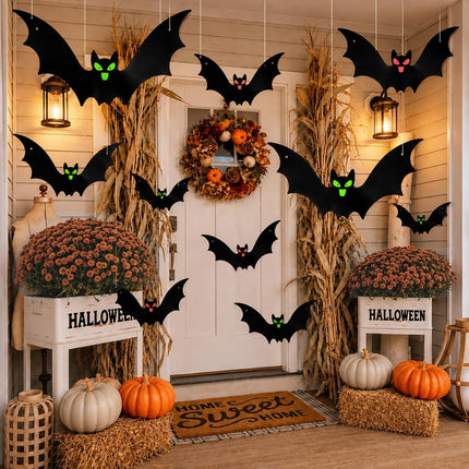 12-Pack Hanging Halloween Bats, 3 Sizes Glow-in-the-Dark Eyes, Indoor Outdoor Decor