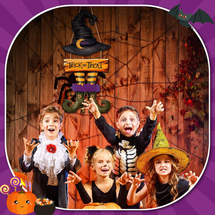 Halloween Witch Trick or Treat Wooden Door Sign, Black Hat Boots Porch Wall Decor