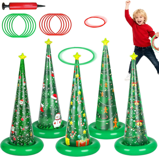 5-Pack Christmas Ring Toss Game – Inflatable Tree Set with Pump for Kids & Adults