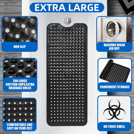 Bathroom Bathtub Mat Extra Long Nonslip Design with Suction Cups Black