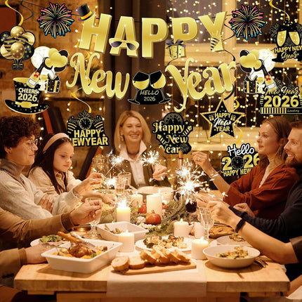 Happy New Year 2026 Party Decorations – Black & Gold Banner & Ceiling Swirls