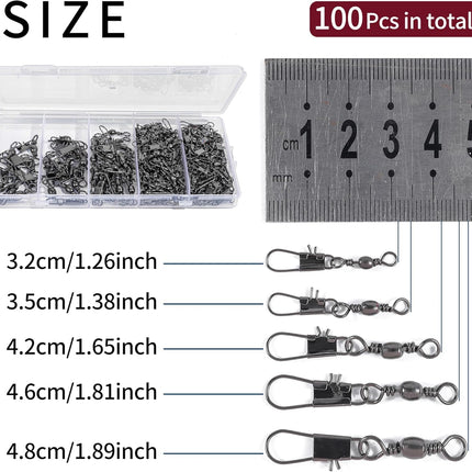 100 Pcs Fishing Swivels – 5 Sizes Barrel Snap for Quick Lure Linking