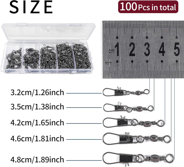 100 Pcs Fishing Swivels – 5 Sizes Barrel Snap for Quick Lure Linking